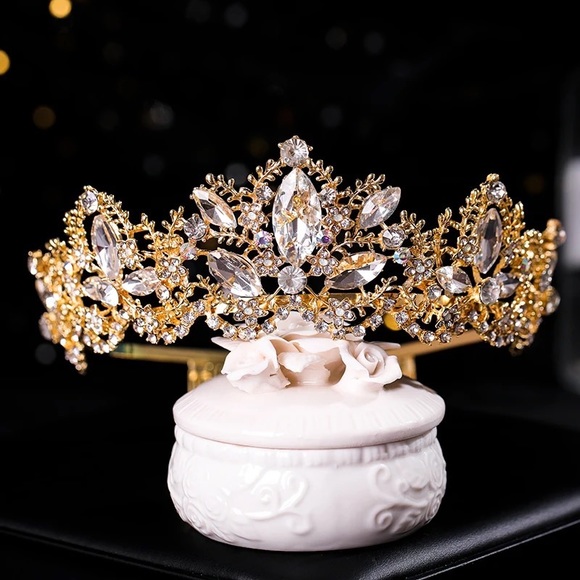Gold Crystal Rhinestone Embellished Wedding Crown - Picture 4 of 8